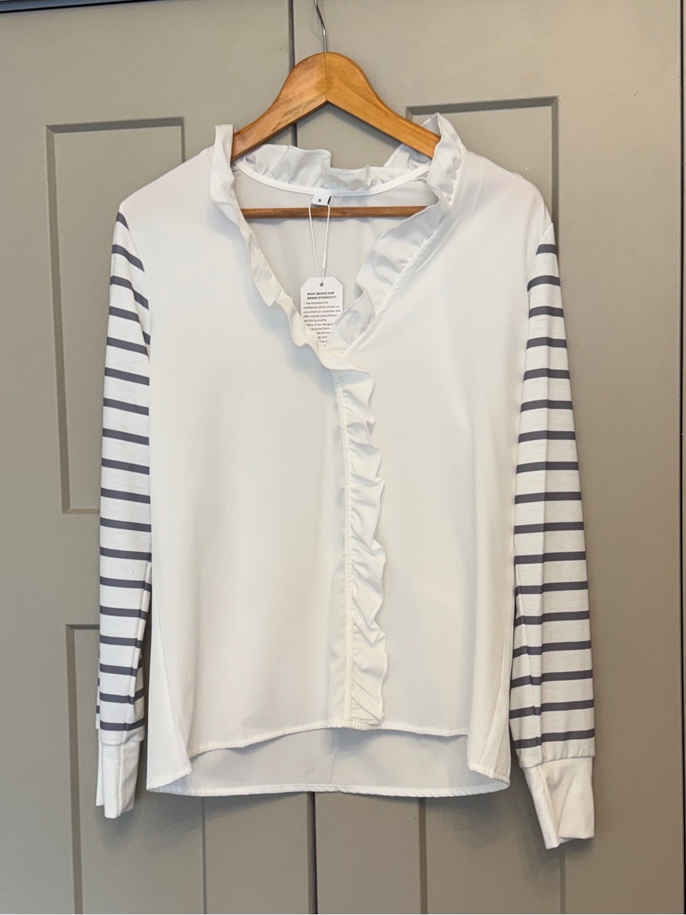 Boutique White Ruffle Top | Striped Sleeves | Long Sleeve | Size S